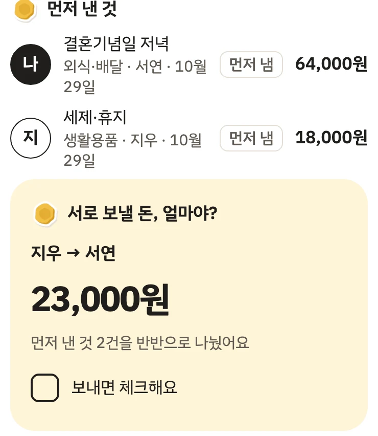 앱 '우리 장부' 화면(예시 숫자). 먼저 낸 것 2건, 서로 보낼 돈 얼마야? 지우에서 서연에게 23,000원, 먼저 낸 것 2건을 반반으로 나눴어요